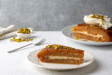 Traditional Turkish Dessert Ekmek Kadaif - Bread Pudding. Creamy Ramadan Dessert