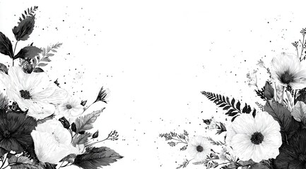 Monochrome floral arrangement, corner design, featuring hibiscus, ferns, and smaller blossoms against a white background with scattered speckles