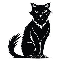 Elegant Silhouette of a Black Cat Sitting Upright with a Fluffy Tail and Piercing Eyes Casting an Intriguing Gaze