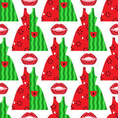 Summer watermelon abstract seamless pattern  background in cartoon style Set icons for bar, cafe.  menu,  web-banner, social media post Vector cute flat illustration