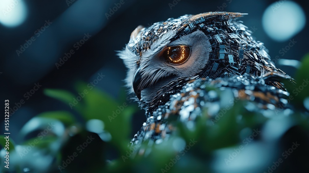 Poster a captivating image of a futuristic owl designed with intricate metallic textures, symbolizing wisdo