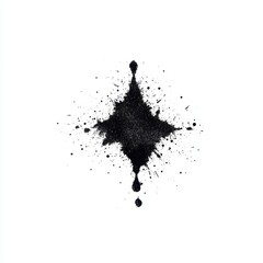Fototapeta premium Abstract ink splatter forming a dark, diamond-like shape with radial splatters and drips on a white background