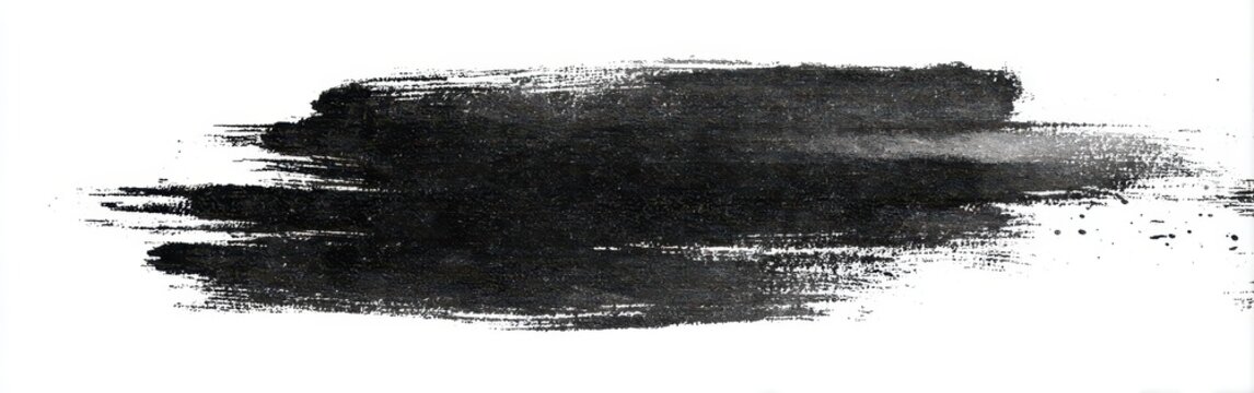 An abstract black ink wash, broadly applied in a horizontal stroke with visible brushstrokes and texture, exhibiting variations in density and opacity against a white background