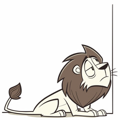 Contemplative Cartoon Lion Character Leaning Against a Vertical Line Element