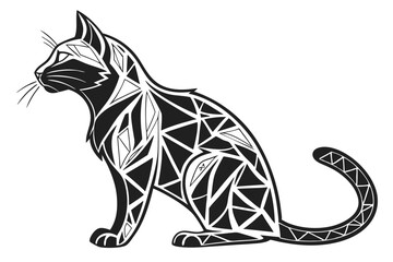 Geometric Cat Illustration Black and White Tribal Feline Art Featuring Intricate Line Work and Bold Contrast in a Modern Artistic Style