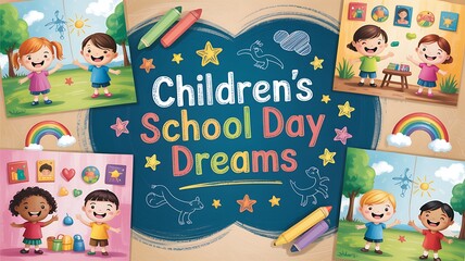 Children's School Day Dreams: Colorful Illustration Featuring Kids, School Activities, and Playful Designs