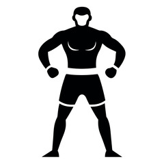 Silhouette of Muscular Boxer in Fighting Stance with Shorts and Gloves Ready