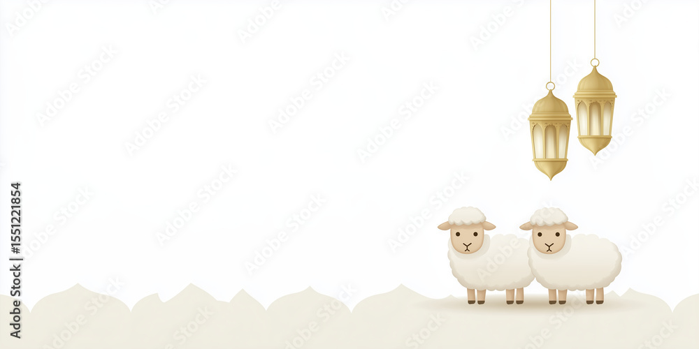Poster cute cartoon illustration of two fluffy sheep standing together with decorative lanterns hanging abo