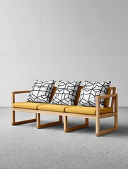 Modern wooden couch with mustard yellow cushions