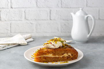 Traditional Turkish Dessert Ekmek Kadaif - Bread Pudding. Creamy Ramadan Dessert