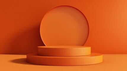 A 4K photo of 3D orange round podium background with natural lighting, shadow on wall. Abstract composition minimalist design. Studio display showroom cosmetic product.
