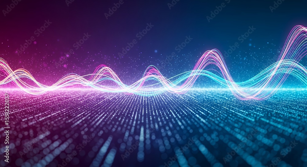 Poster abstract digital waveform landscape background, futuristic neon glowing lines and particles, data vi