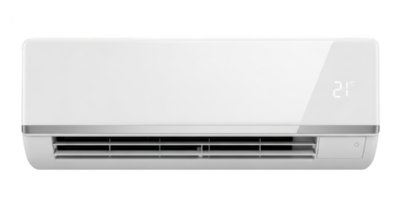 Modern white air conditioner unit displaying 21 degrees celsius isolated on transparent background