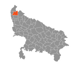 Muzaffarnagar District Highlighted in Uttar Pradesh State Map of India