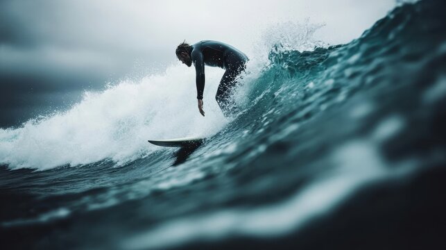 A determined surfer skillfully navigates a powerful wave, embodying the thrill and challenge of surfing in challenging weather conditions, emphasizing adventure and courage.
