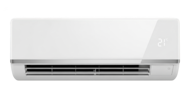 Modern white air conditioner unit displaying 21 degrees celsius isolated on transparent background