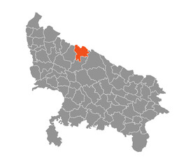 Pilibhit District Highlighted in Uttar Pradesh State Map of India