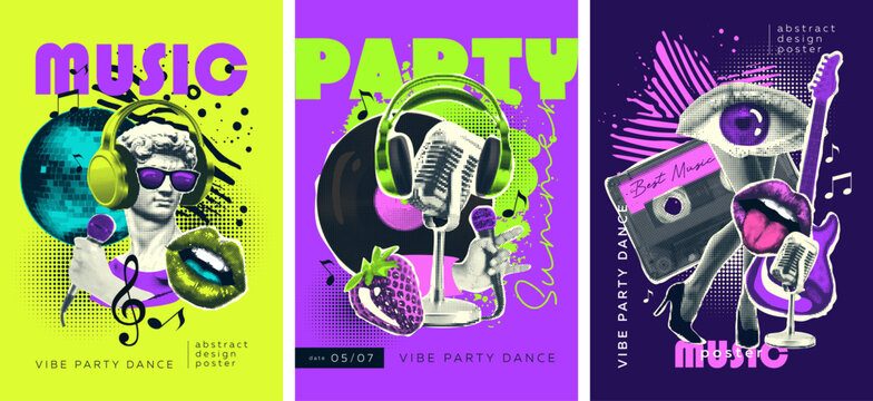 set of posters made of newspaper paper stickers in halftone tones, on the theme of music, disco, karaoke, retro parties. Headphones, a statue, a hand with a microphone, a disco ball, lips, vinyl