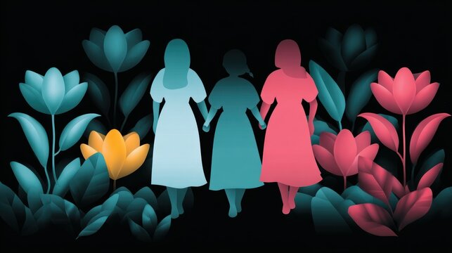 Silhouette of Three Women Walking in a Dark Garden of Teal and Pink Flowers