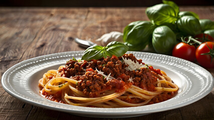 Delicious Bolognese Spaghetti on Rustic Wooden Table: Gourmet Italian Food Photography