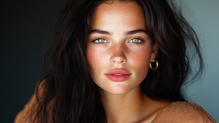 Obraz premium Close-up portrait of a striking young woman with long dark hair and captivating green eyes, radiating beauty and confidence, set against a softly blurred background.