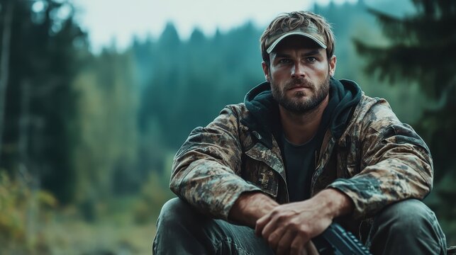 A rugged man in camouflage clothing sits thoughtfully in a forest environment, exuding strength and determination, surrounded by serene yet powerful natural elements.