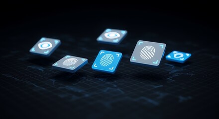Blue and Gray Fingerprint and Eye Icons Floating over Dark Grid
