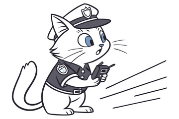 A Whimsical Cartoon Cat Police Officer Responds to an Emergency with a Handheld Radio Device, Adorable and Humorous