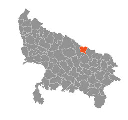 Shravasti District Highlighted in Uttar Pradesh State Map of India