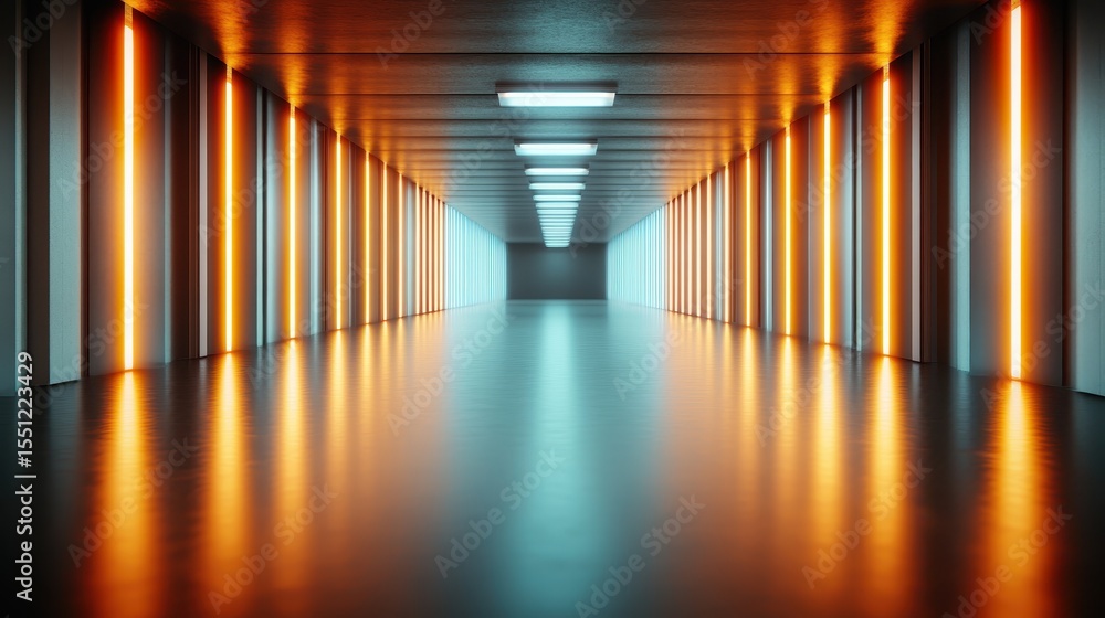 Poster a sleek corridor illuminated by neon lights creates an abstract and futuristic atmosphere, ideal for