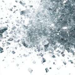 Obraz premium A chaotic explosion of numerous, fragmented, shimmering, grey-blue glass shards against a stark white background