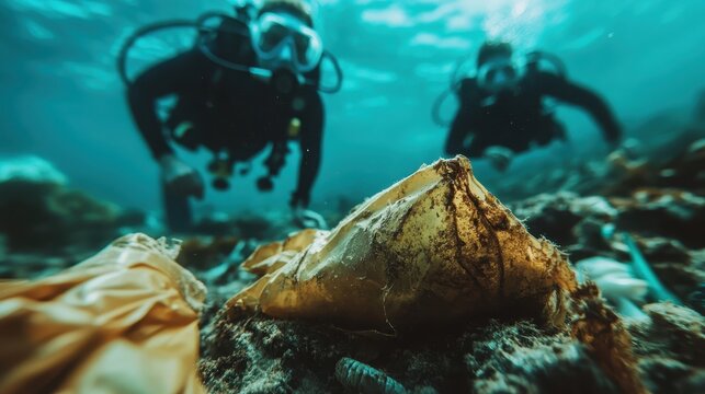 Two scuba divers investigate the ocean floor surrounded by discarded plastic, highlighting the critical issue of marine pollution and the need for environmental awareness and action.