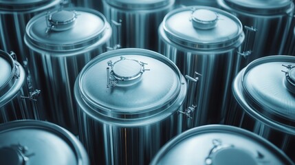 A visually striking arrangement of metallic storage containers gleaming with reflections, emphasizing industrial design and modern aesthetics in abstract photography.