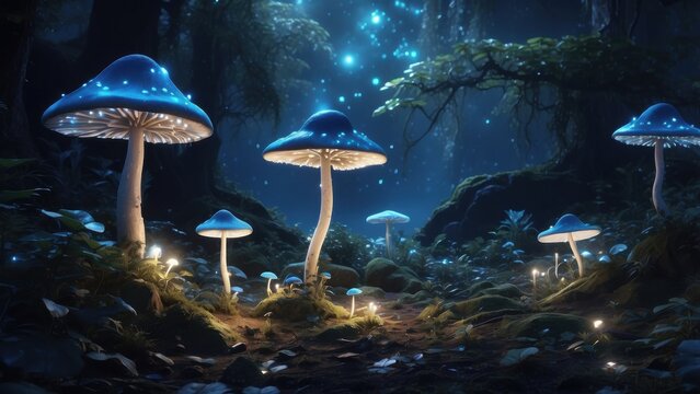 Enchanted forest glade bathed in the ethereal glow of bioluminescent mushrooms illuminating the mystical nighttime woodland scene with sparkling light effects
