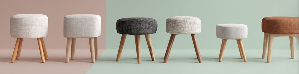 Five fluffy stools with light wood legs, varying shapes and neutral colors, arranged on a two-toned background