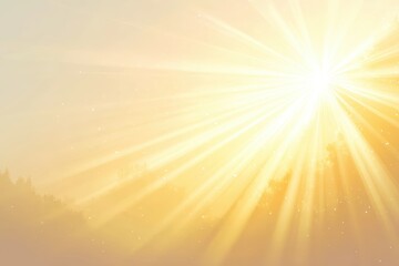 Misty sunrise with sun rays bursting through fog, illuminating a hazy landscape