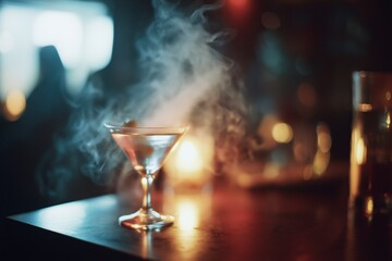 A martini glass with a smoky ambiance, set on a bar counter with warm, atmospheric lighting in the background.