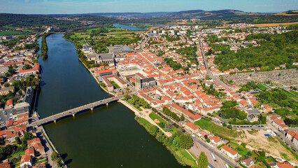 An Aerial panorama view with pan of the old town around the city Pont-à-Mousson in France on a...