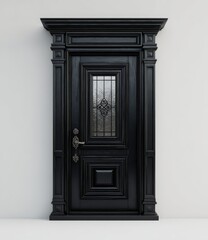 Elegant black wooden door with ornate frame, glass pane, and dark metal hardware against a white wall