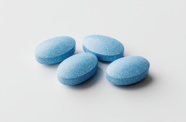 Four light-blue, oval-shaped pills rest on a plain white background
