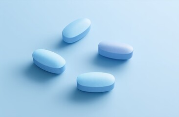 Four light-blue, oval-shaped pills scattered on a pale-blue background, softly lit