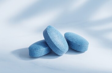 Three light-blue, oval-shaped pills rest on a pale surface, subtly shadowed by dappled light