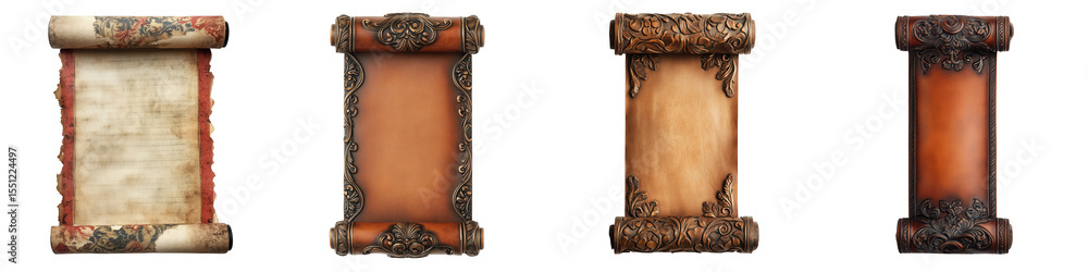 Aufkleber set of ancient scrolls collection: four aged, ornate scrolls with varying degrees of texture and col