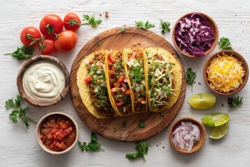 Overhead shot of three ground beef tacos on a wooden board, surrounded by various toppings like shredded cheese, chopped onions, red cabbage slaw, salsa, and sour cream.