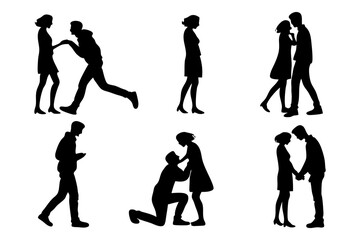 Silhouetted Romance: Six elegant silhouettes capture the essence of courtship, displaying various stages of connection and affection in monochrome simplicity.