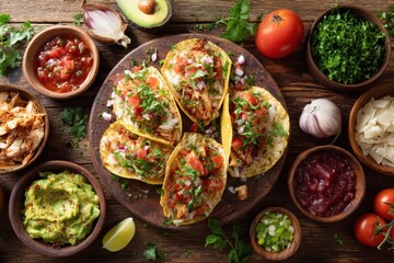 Overhead shot of six pulled chicken tacos on a rustic wooden board, surrounded by various fresh ingredients and condiments, including salsa, guacamole, and chopped vegetables
