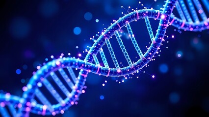 Glowing Blue and Purple DNA Helix with Sparkling Particles on Dark Background