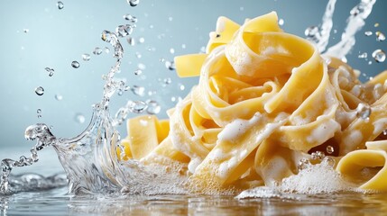 An artistic shot of fresh pasta splashing in water, highlighting its texture and the dynamic movement of droplets that evoke a sense of freshness and culinary excitement.