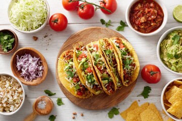 Overhead shot of four tacos on a wooden board, surrounded by various toppings and ingredients including shredded lettuce, diced tomatoes, salsa, guacamole, and tortilla chips