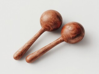 Two richly-grained, dark brown wooden maracas rest on a stark white background, showcasing their smooth, rounded heads and slender handles